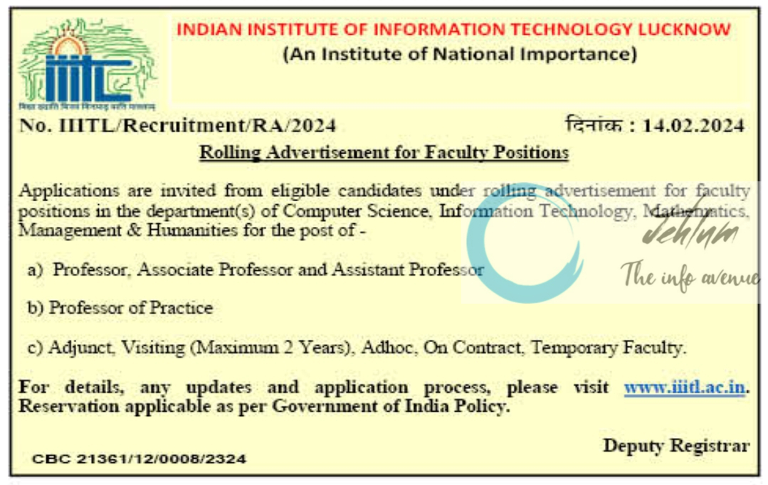 INDIAN INSTITUTE OF INFORMATION TECHNOLOGY LUCKNOW ROLLING ADVERTISEMENT FOR FACULTY POSITIONS 2024