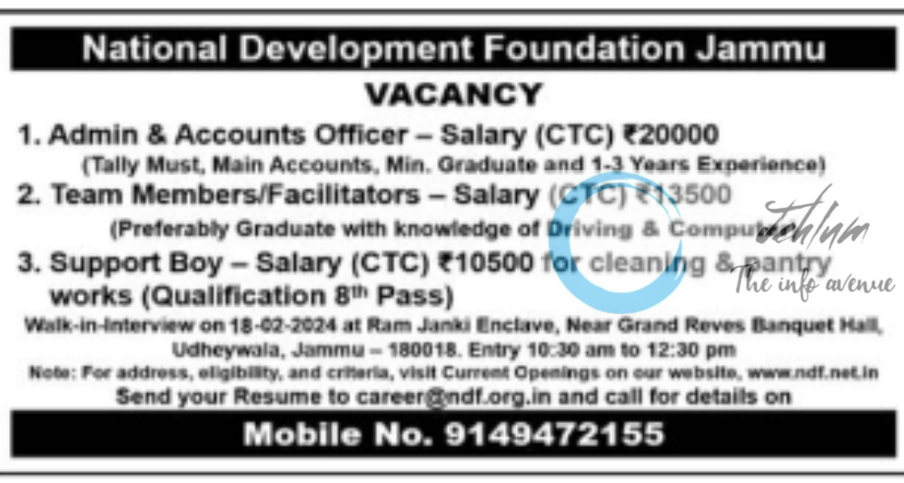 National Development Foundation Jammu Jobs Vacancy 2024