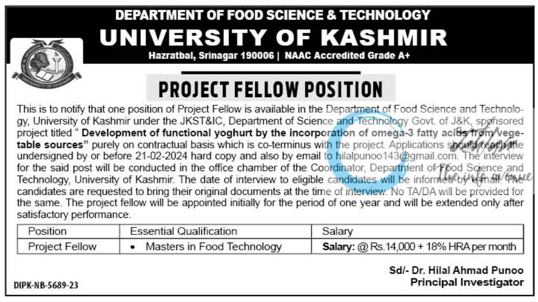 UNIVERSITY OF KASHMIR DEPTT OF FOOD SCIENCE AND TECHNOLOGY PROJECT FELLOW ADVERTISEMENT 2024