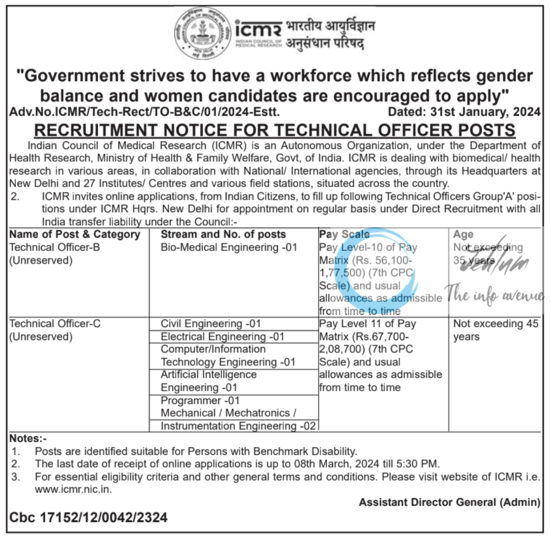 ICMR RECRUITMENT NOTICE FOR TECHNICAL OFFICER POSTS 2024