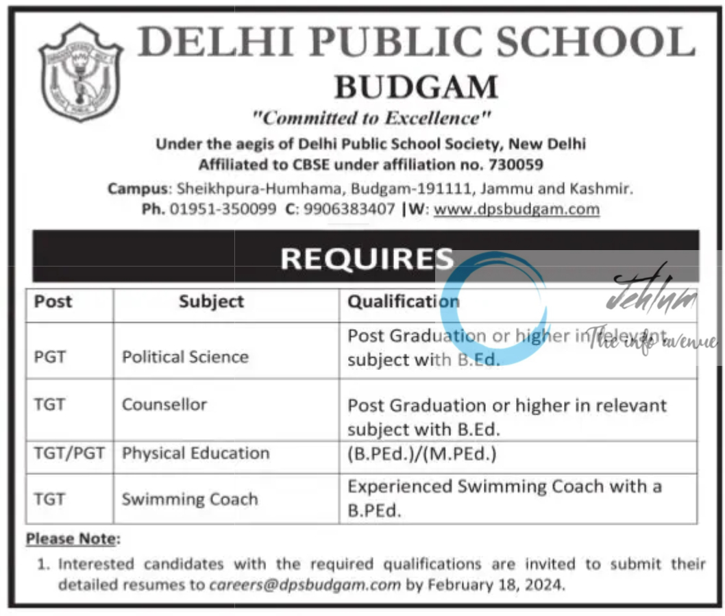 DELHI PUBLIC SCHOOL DPS BUDGAM TEACHING JOBS 2024