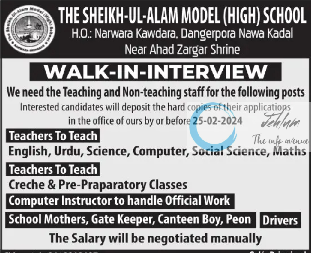 SHEIKH-UL-ALAM MODEL SCHOOL SRINAGAR WALK-IN-INTERVIEW 2024