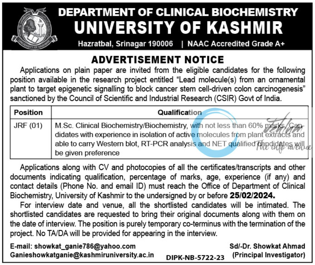 UNIVERSITY OF KASHMIR DEPTT OF CLINICAL BIOCHEMISTRY JRF ADVERTISEMENT NOTICE 2024