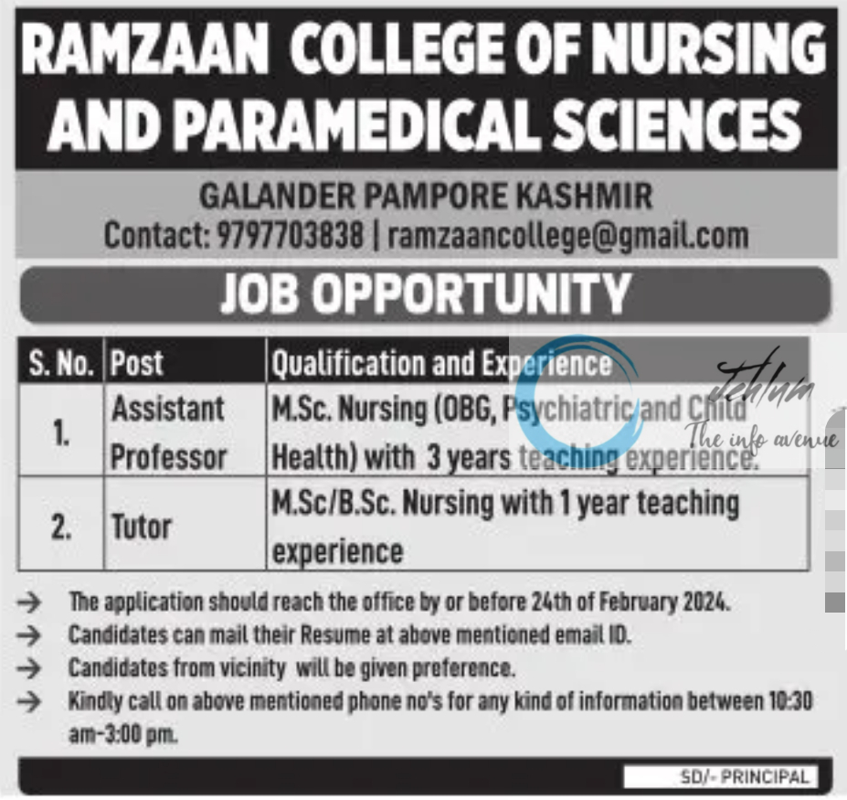 RAMZAAN COLLEGE OF NURSING AND PARAMEDICAL SCIENCES PAMPORE JOB OPPORTUNITY 2024