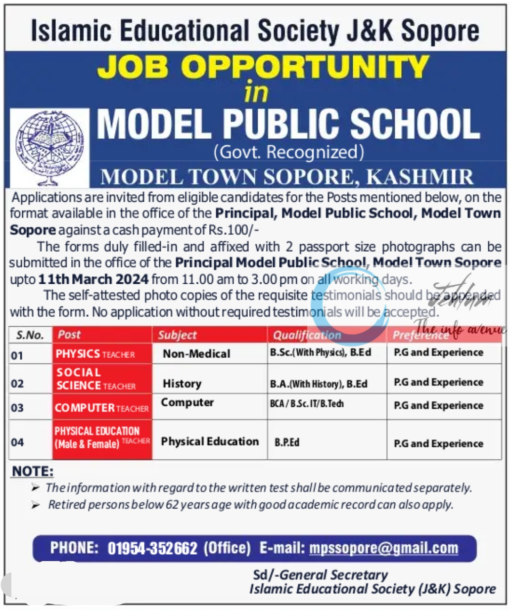 MODEL PUBLIC SCHOOL SOPORE JOBS OPENINGS 2024