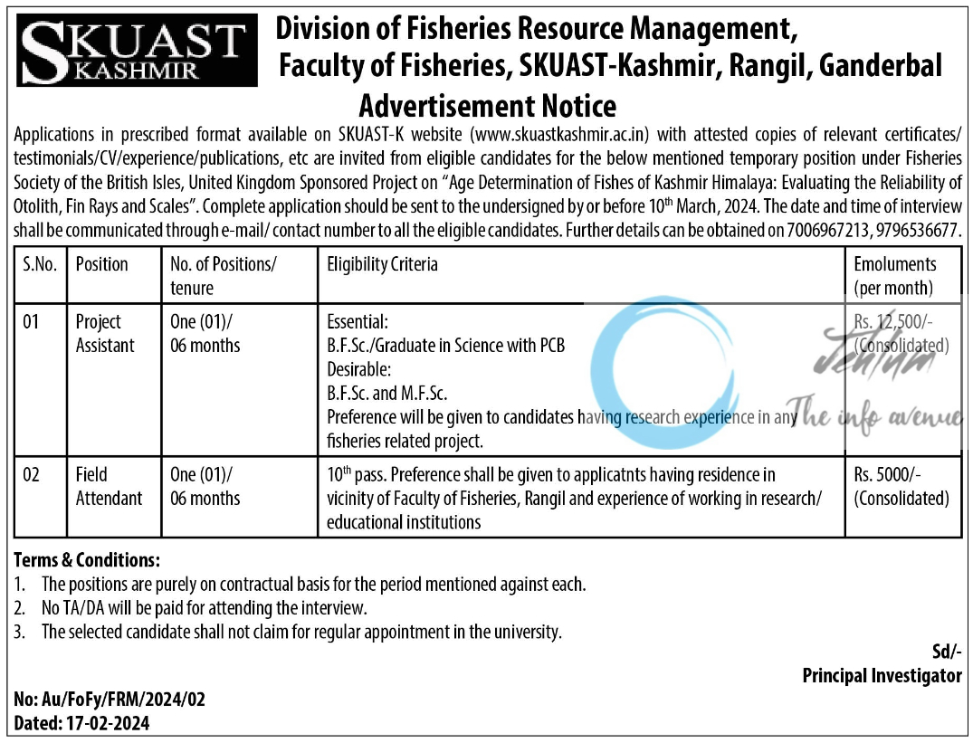 SKUAST-Kashmir Faculty of Fisheries Advertisement Notice 2024