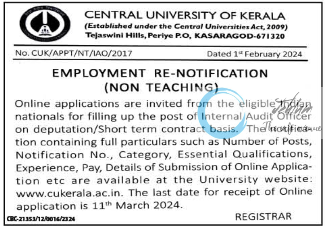 CENTRAL UNIVERSITY OF KERALA EMPLOYMENT RE-NOTIFICATION 2024