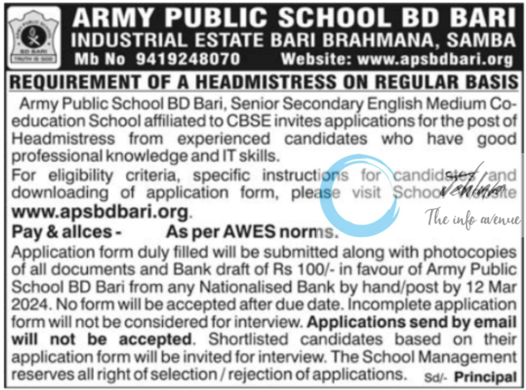 ARMY PUBLIC SCHOOL APS BD BARI JOBS ADVERTISEMENT 2024