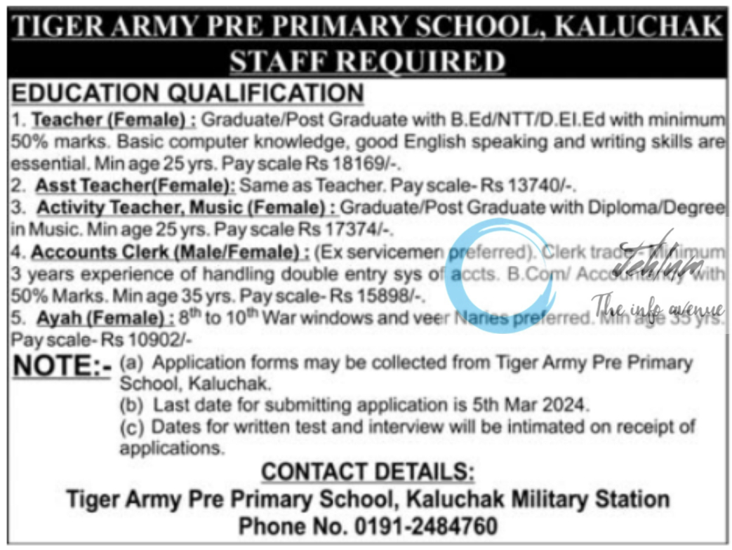 TIGER ARMY PRE PRIMARY SCHOOL KALUCHAK JOBS ADVERTISEMENT 2024