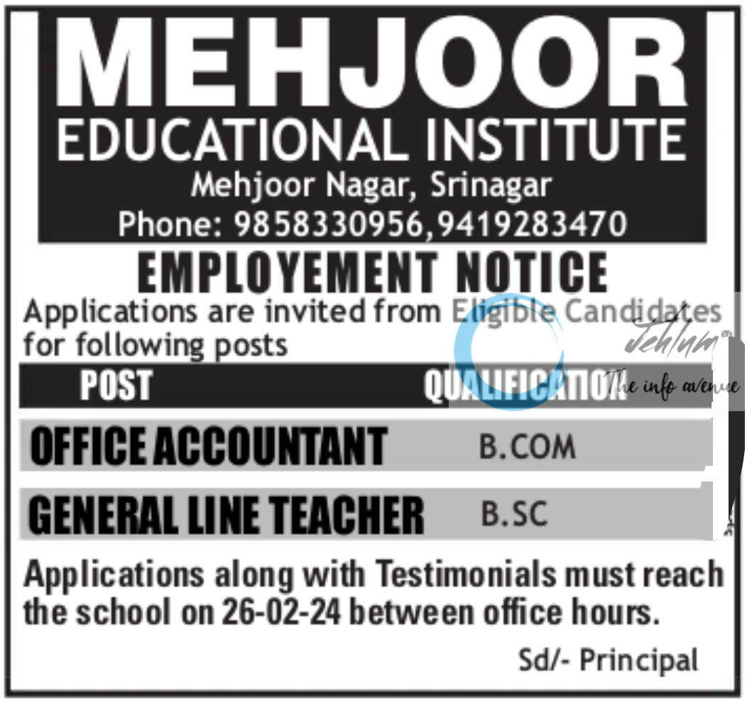 MEHJOOR EDUCATIONAL INSTITUTE SRINAGAR JOBS 2024