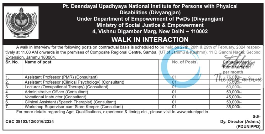 Pt Deendayal Upadhyaya National Institute for Persons with Physical Disabilities Walk-in-Interview 2024