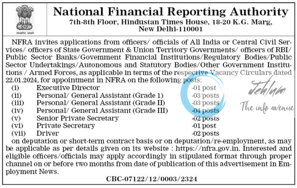 National Financial Reporting Authority NFRA Vacancy Advertisement Notice 2024