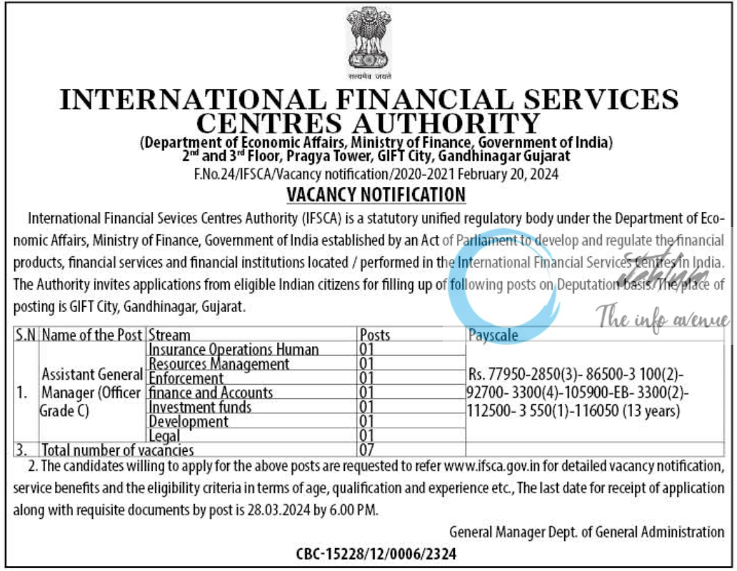 INTERNATIONAL FINANCIAL SERVICES CENTRES AUTHORITY IFSCA VACANCY NOTIFICATION 2024