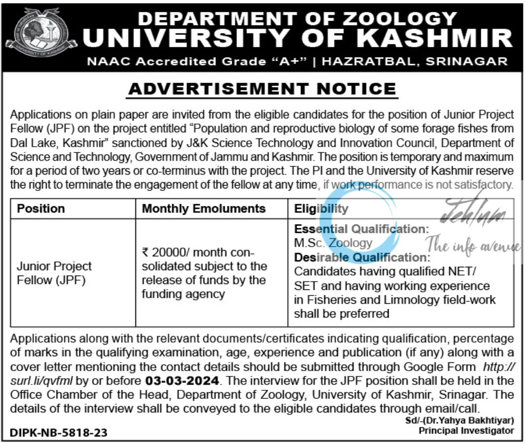 UNIVERSITY OF KASHMIR DEPTT OF ZOOLOGY JUNIOR PROJECT FELLOW JPF ADVERTISEMENT NOTICE 2024