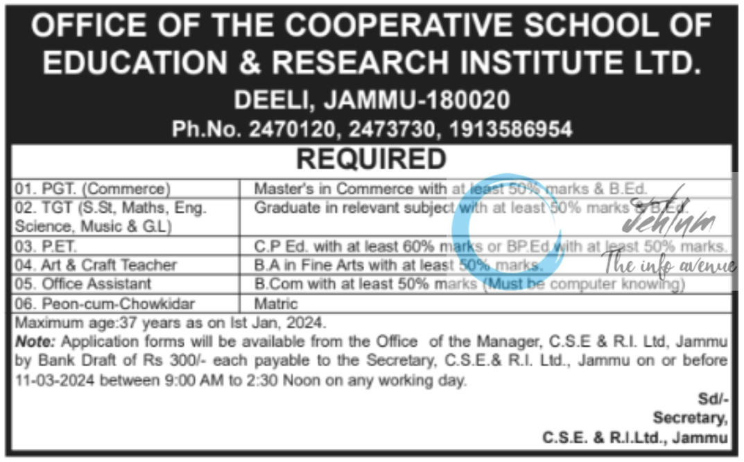 COOPERATIVE SCHOOL OF EDUCATION AND RESEARCH INSTITUTE JAMMU JOBS 2024