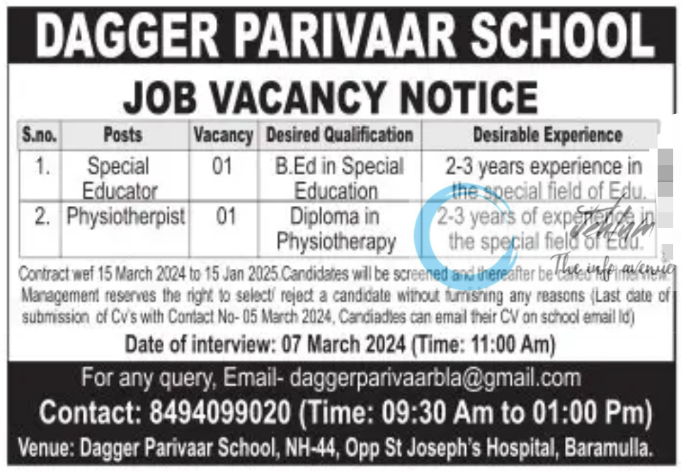 Dagger Parivaar School Baramulla Jobs Vacancy 2024