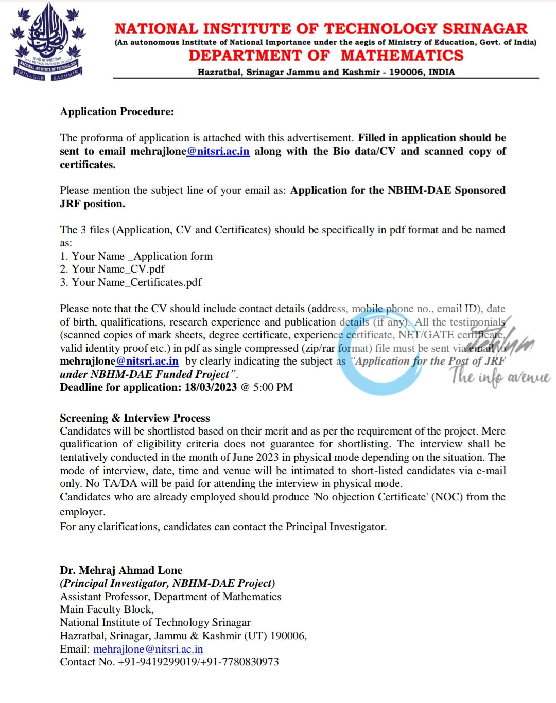 NIT SRINAGAR DEPARTMENT OF MATHEMATICS JRF ADVERTISEMENT 2024