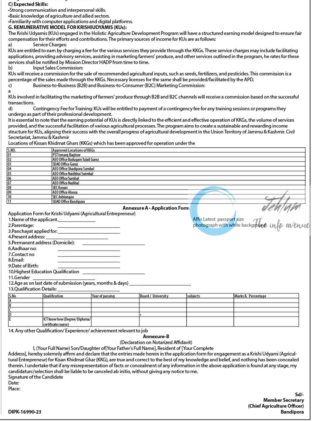 District Development Commissioner Bandipora Krishi Udyamis KU Recruitment Notification 2024