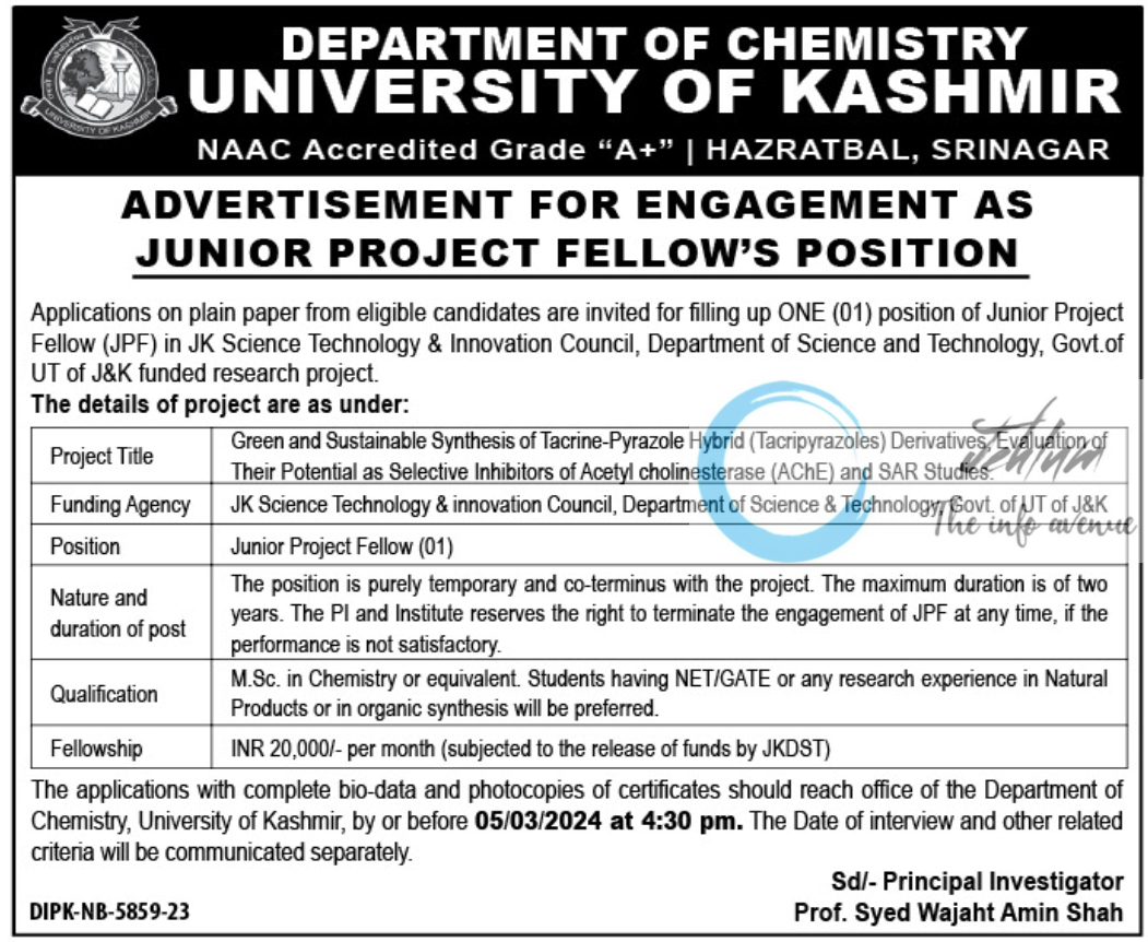 UNIVERSITY OF KASHMIR DEPARTMENT OF CHEMISTRY JUNIOR PROJECT FELLOW NOTIFICATION 2024
