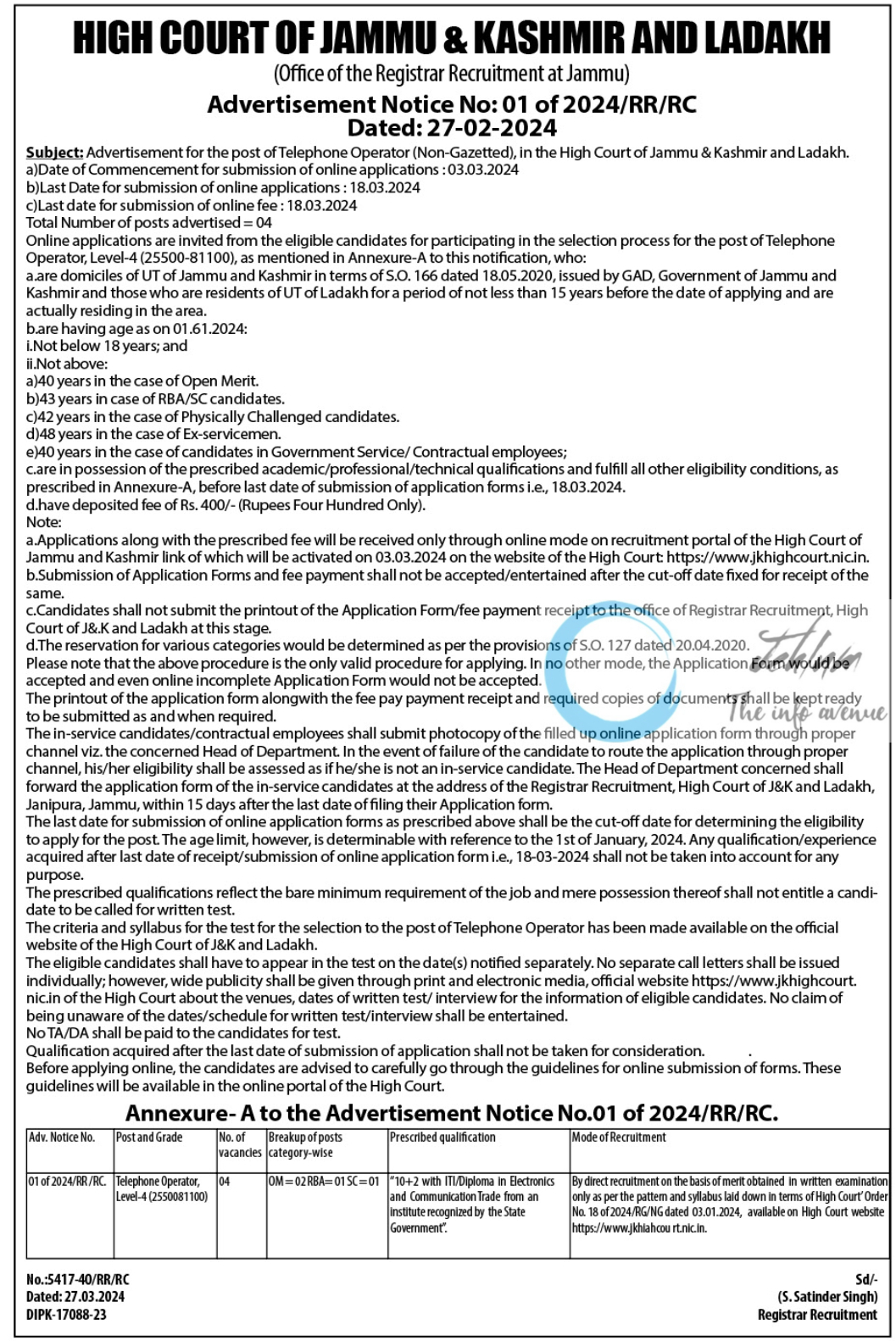 HIGH COURT OF JAMMU AND KASHMIR AND LADAKH JOBS ADVERTISEMENT NOTICE NO 01 OF 2024