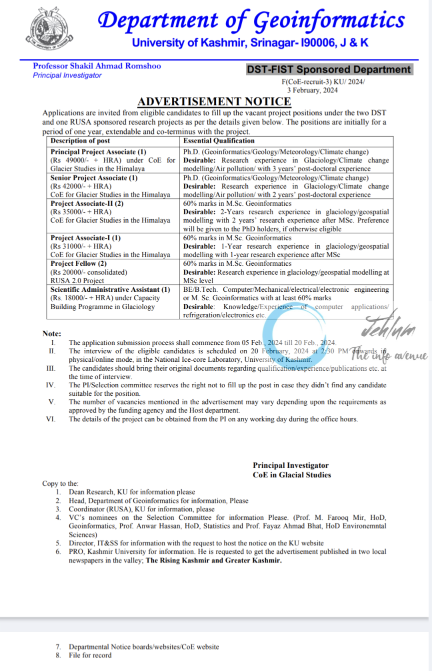 University of Kashmir Department of Geoinformatics Advertisement Notice 2024