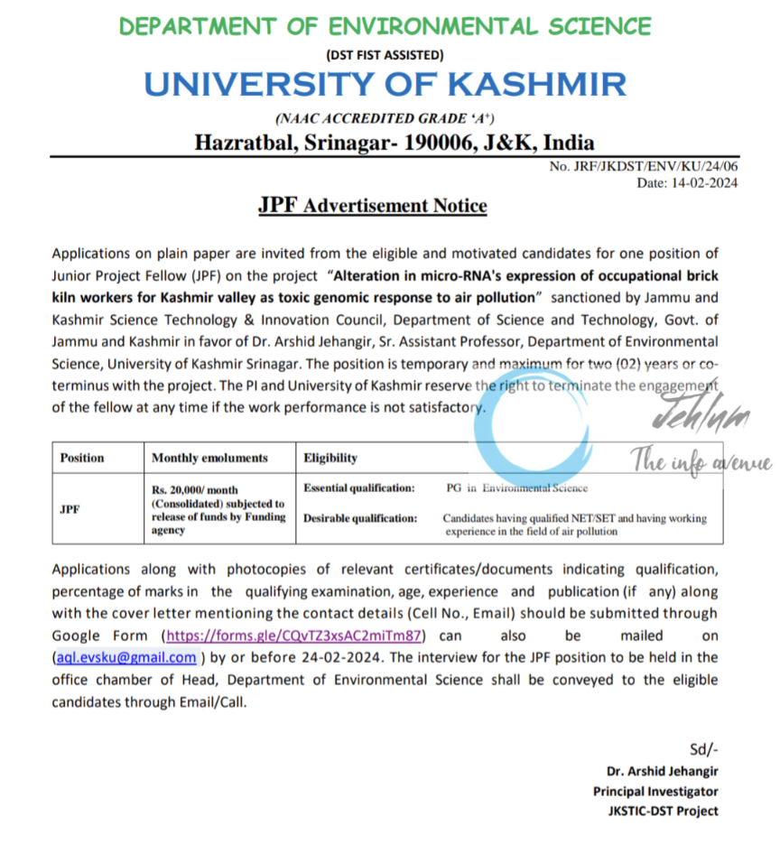 UNIVERSITY OF KASHMIR DEPTT OF ENVIRONMENTAL SCIENCE JPF ADVERTISEMENT NOTICE 2024
