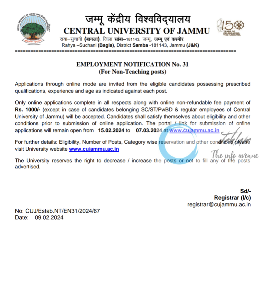 CENTRAL UNIVERSITY OF JAMMU EMPLOYMENT NOTIFICATION NO 31 OF 2024