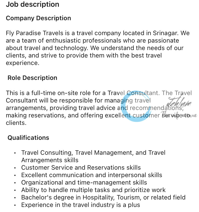 Fly Paradise Travels Pvt Ltd Srinagar Jobs 2024