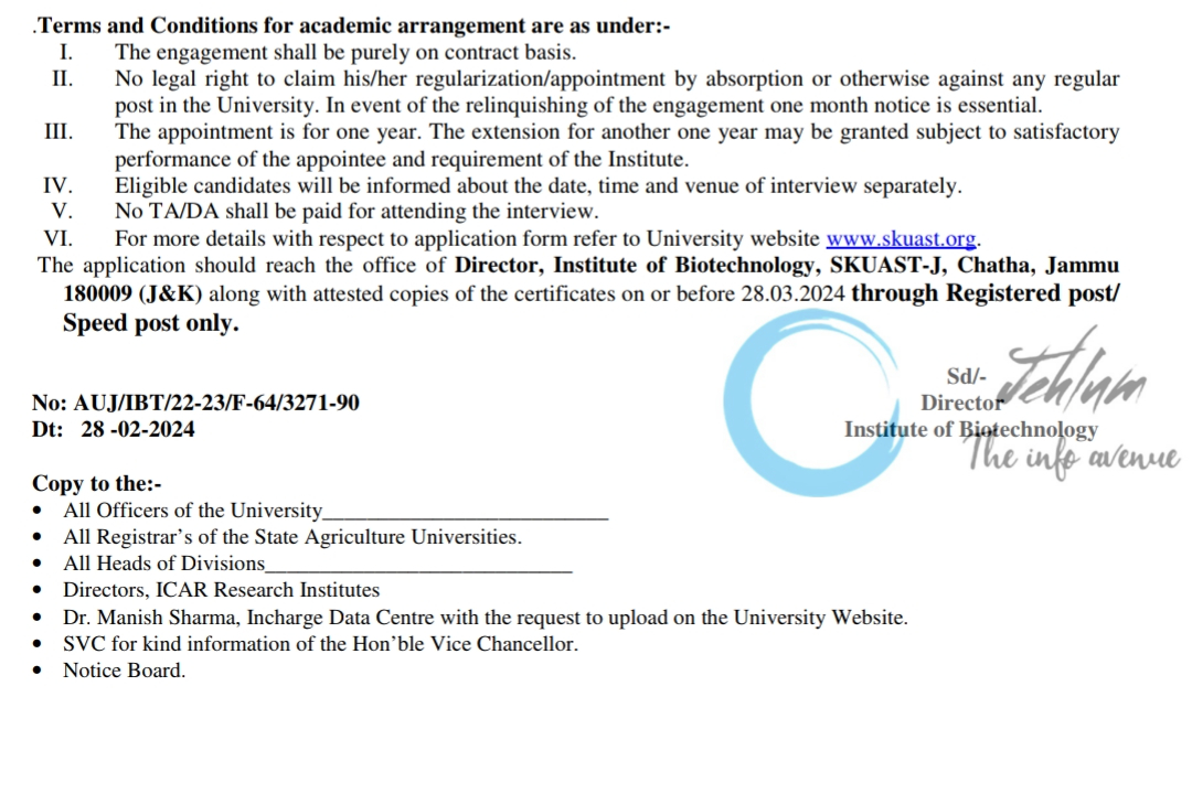 SKUAST Jammu Institute of Biotechnology Advertisement Notice 2024