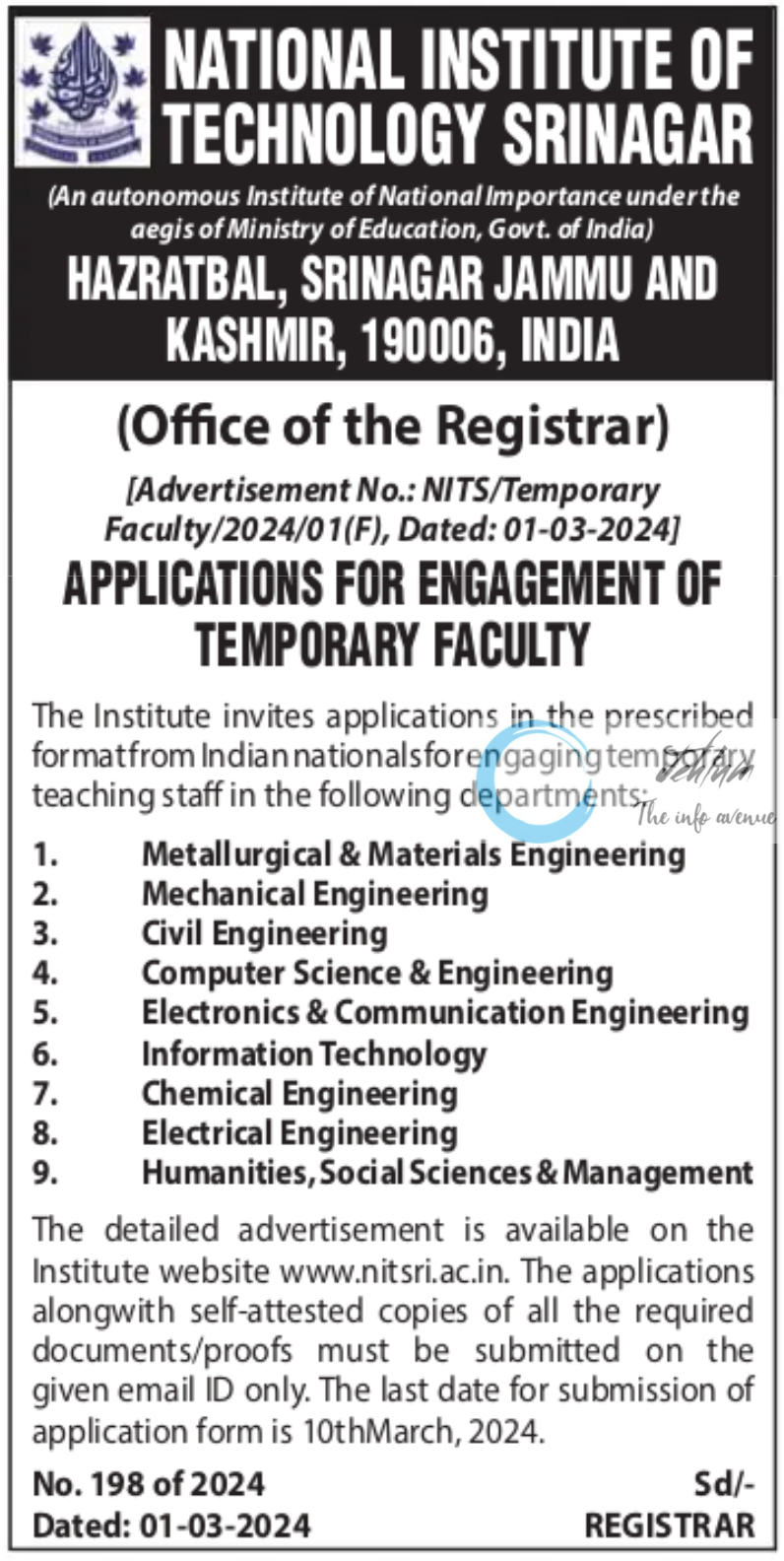 NIT Srinagar Temporary Faculty Recruitment Notification 2024