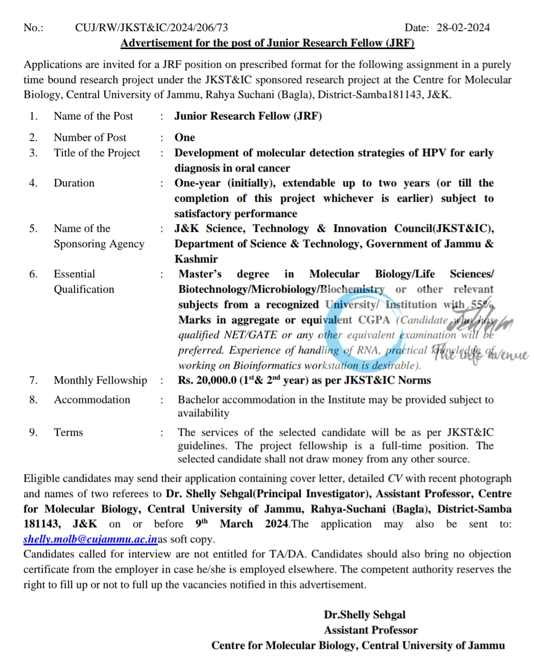 Central University of Jammu Centre for Molecular Biology JRF Advertisement 2024