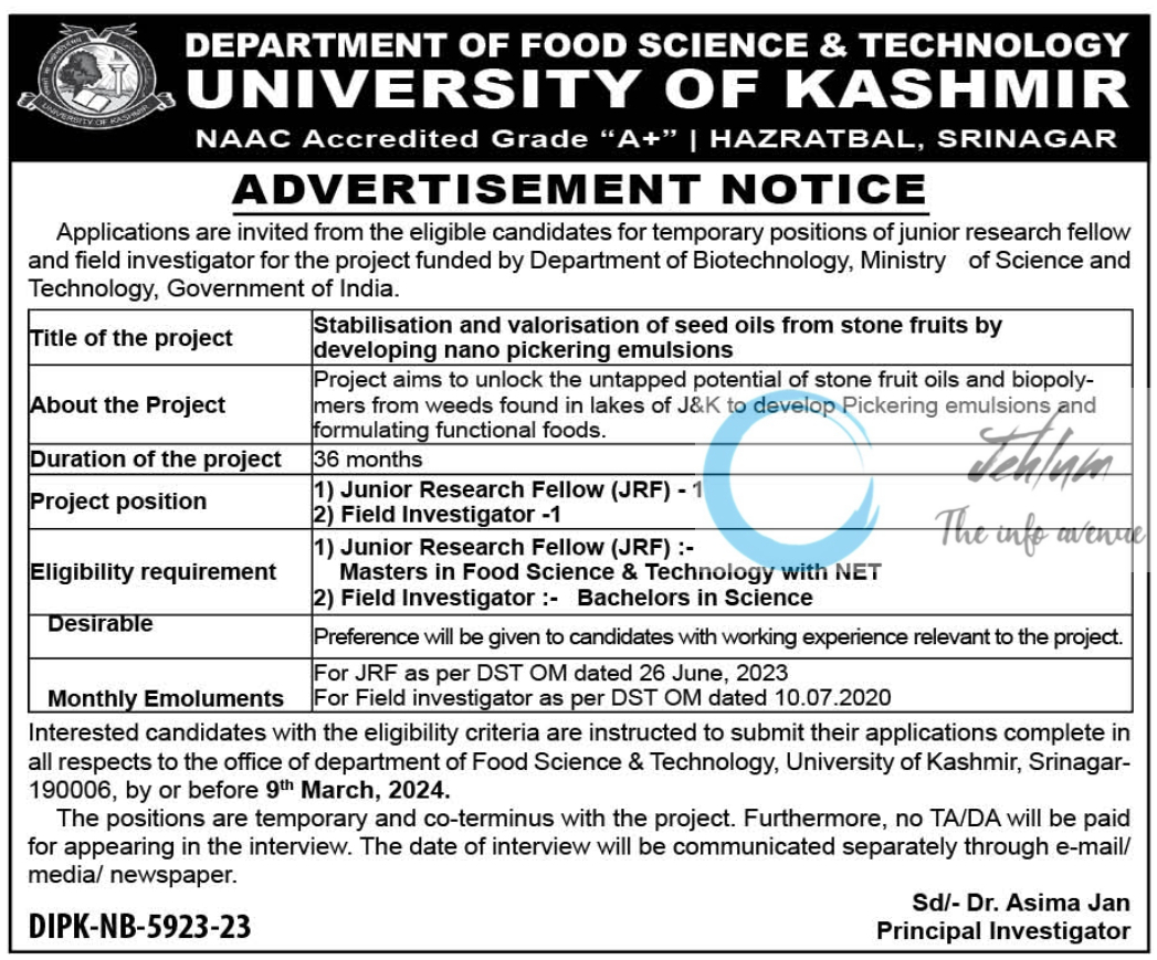 UNIVERSITY OF KASHMIR DEPTT OF FOOD SCIENCE AND TECHNOLOGY ADVERTISEMENT NOTICE 2024