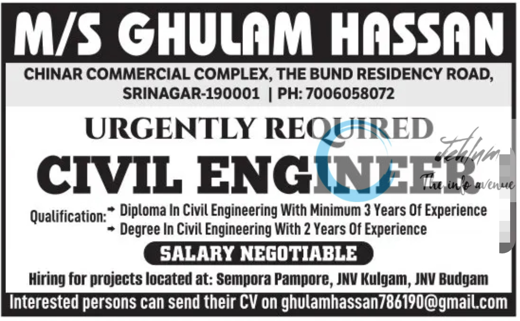 M/S GHULAM HASSAN SRINAGAR HIRING CIVIL ENGINEER 2024
