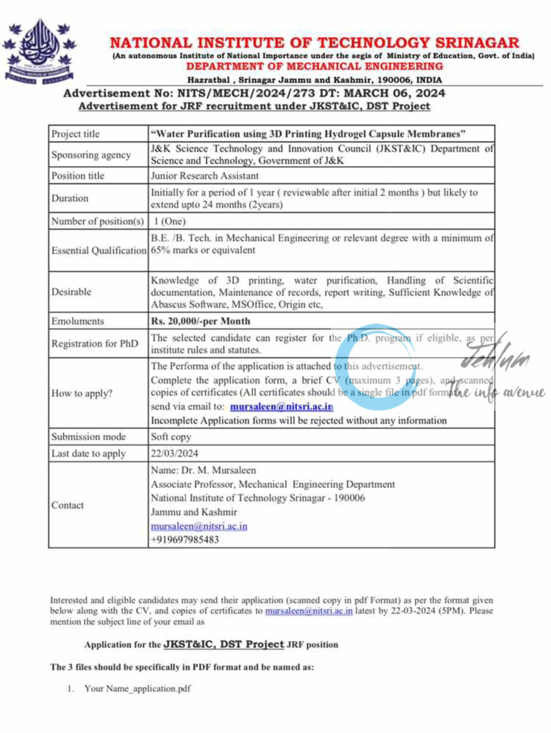 NIT SRINAGAR DEPTT OF MECHANICAL ENGINEERING JRF ADVERTISEMENT NOTICE 2024