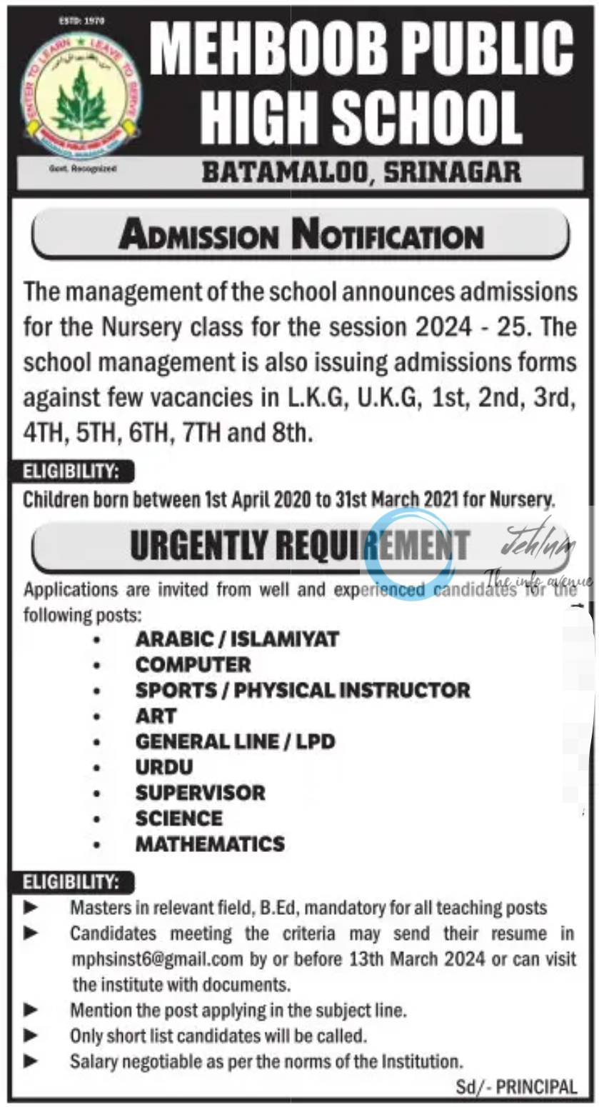 MEHBOOB PUBLIC HIGH SCHOOL SRINAGAR JOBS OPENINGS 2024