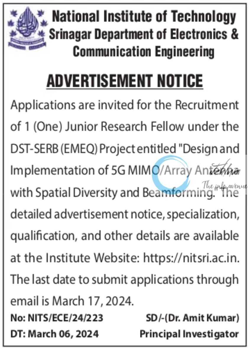NIT Srinagar Deptt of Electronics and Communication Engineering JRF Advertisement Notice 2024