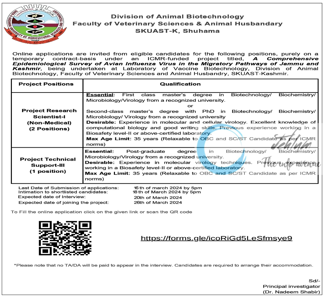 SKUAST Kashmir Division of Animal Biotechnology Project Research Scientist Advertisement Notice 2024