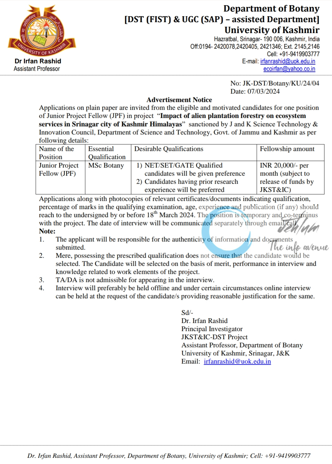 University of Kashmir Deptt of Botany JPF Advertisement Notice 2024