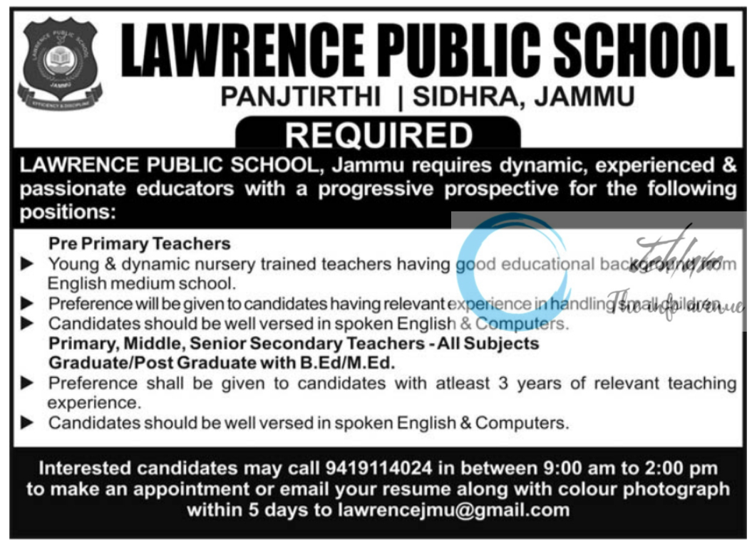 LAWRENCE PUBLIC SCHOOL JAMMU JOBS OPENINGS 2024