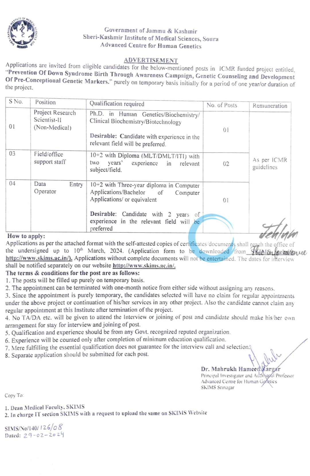 SKIMS Soura Srinagar Advertisement Notice 2024