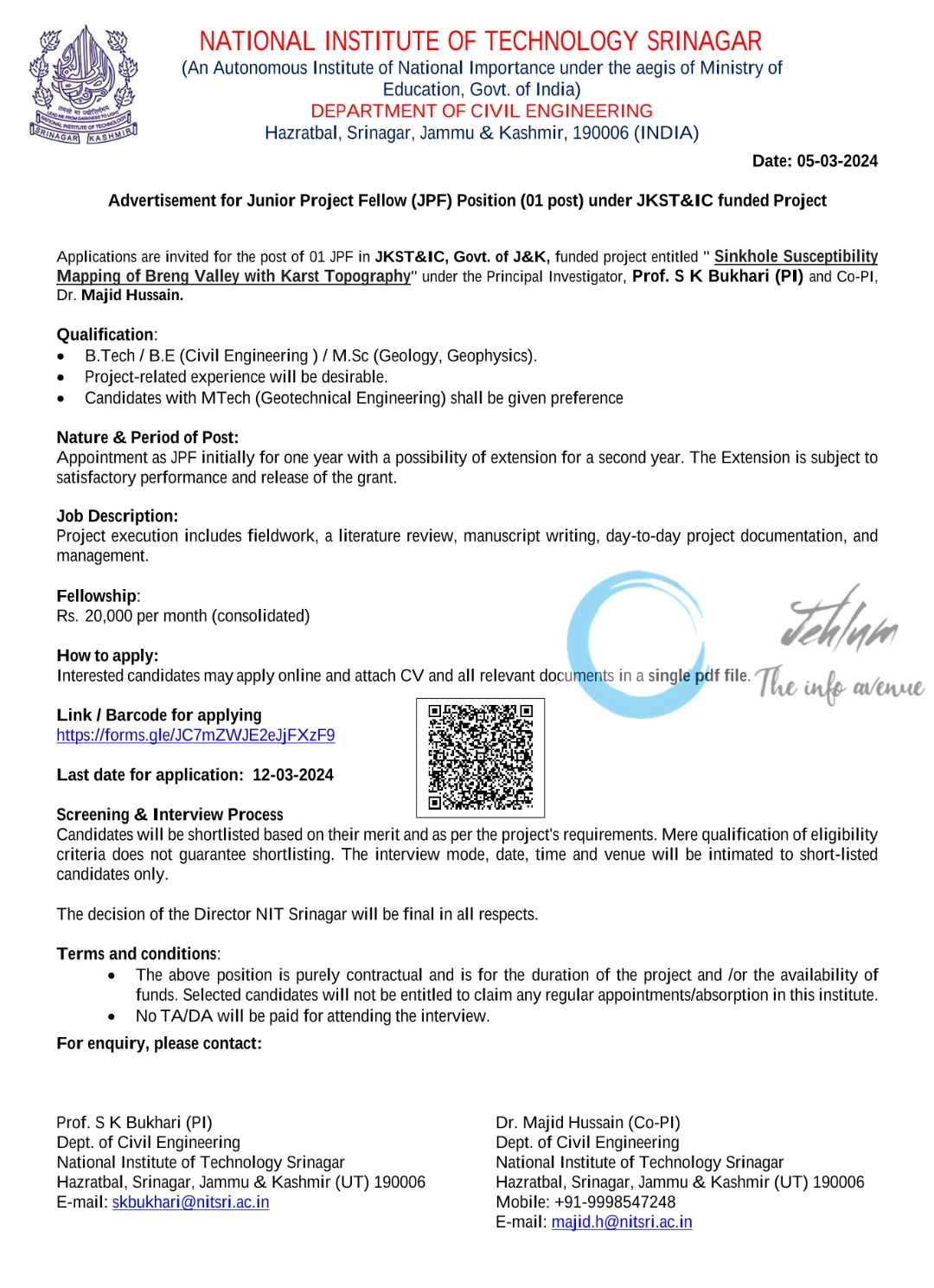 NIT SRINAGAR DEPTT OF CIVIL ENGINEERING JPF ADVERTISEMENT NOTICE 2024