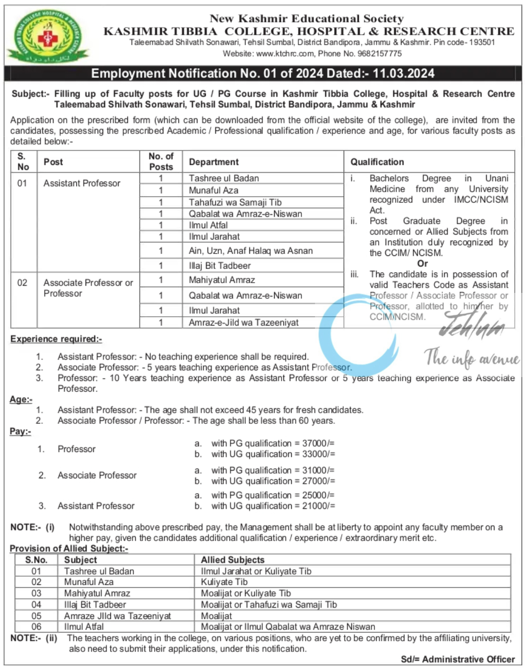 KASHMIR TIBBIA COLLEGE HOSPITAL AND RESEARCH CENTRE EMPLOYMENT NOTIFICATION NO 01 OF 2024