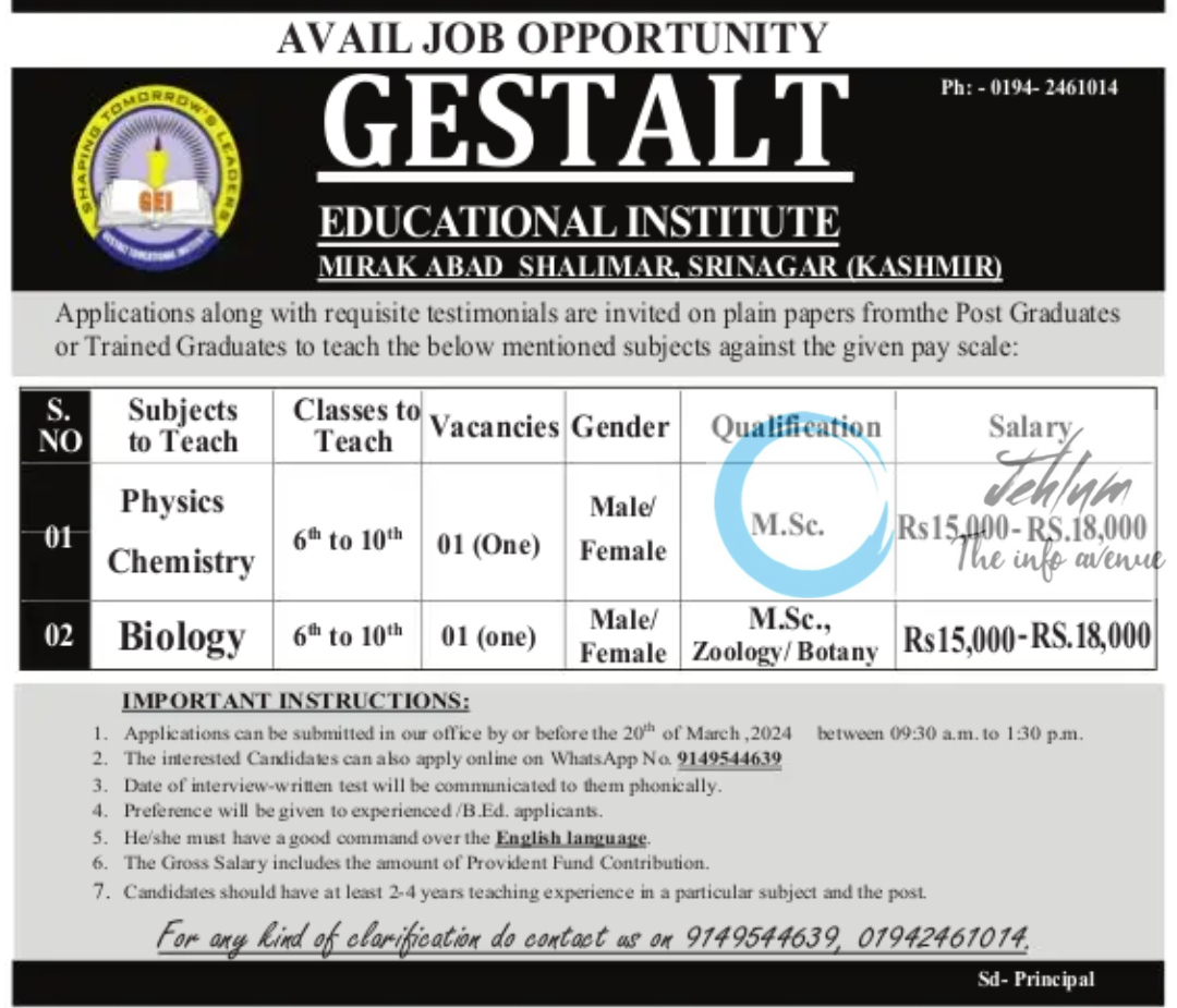 GESTALT EDUCATIONAL INSTITUTE SRINAGAR JOBS OPPORTUNITY 2024