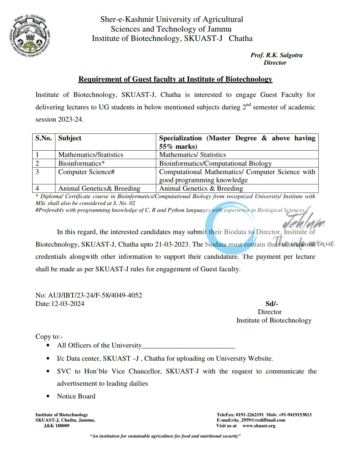 SKUAST Jammu Institute of Biotechnology Guest Faculty Recruitment 2024