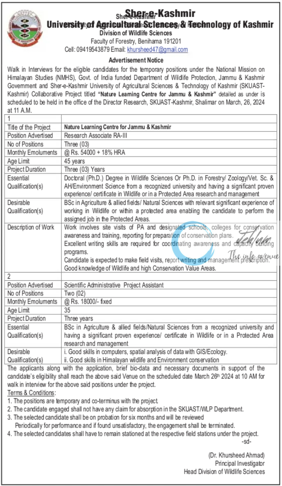 SKUAST Kashmir Division of Wildlife Sciences Faculty of Forestry NMHS Advertisement Notice 2024