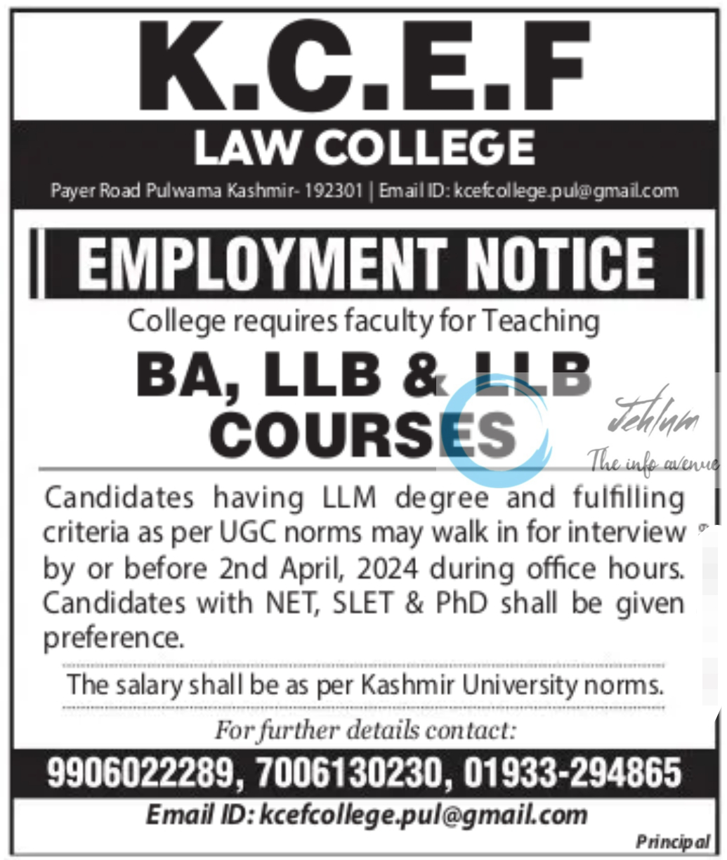 KCEF LAW COLLEGE PULWAMA JOBS ADVERTISEMENT 2024