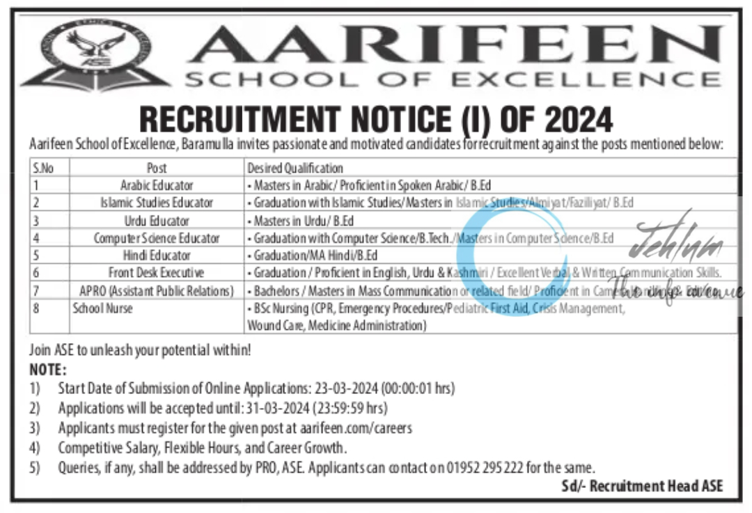 Aarifeen School of Excellence Baramulla Recruitment Notice 1 Of 2024