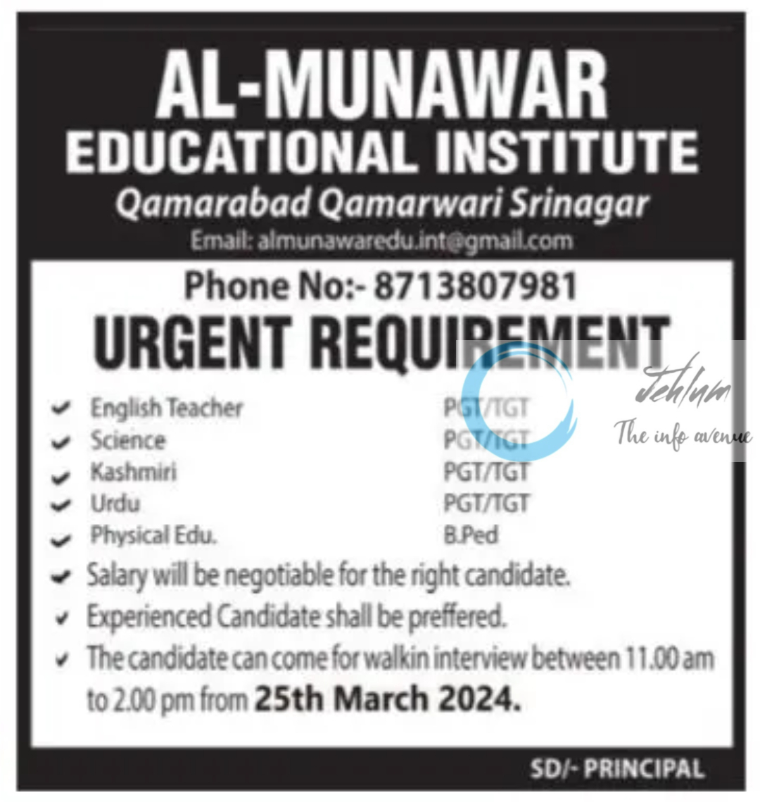 AL-MUNAWAR EDUCATIONAL INSTITUTE SRINAGAR JOBS 2024