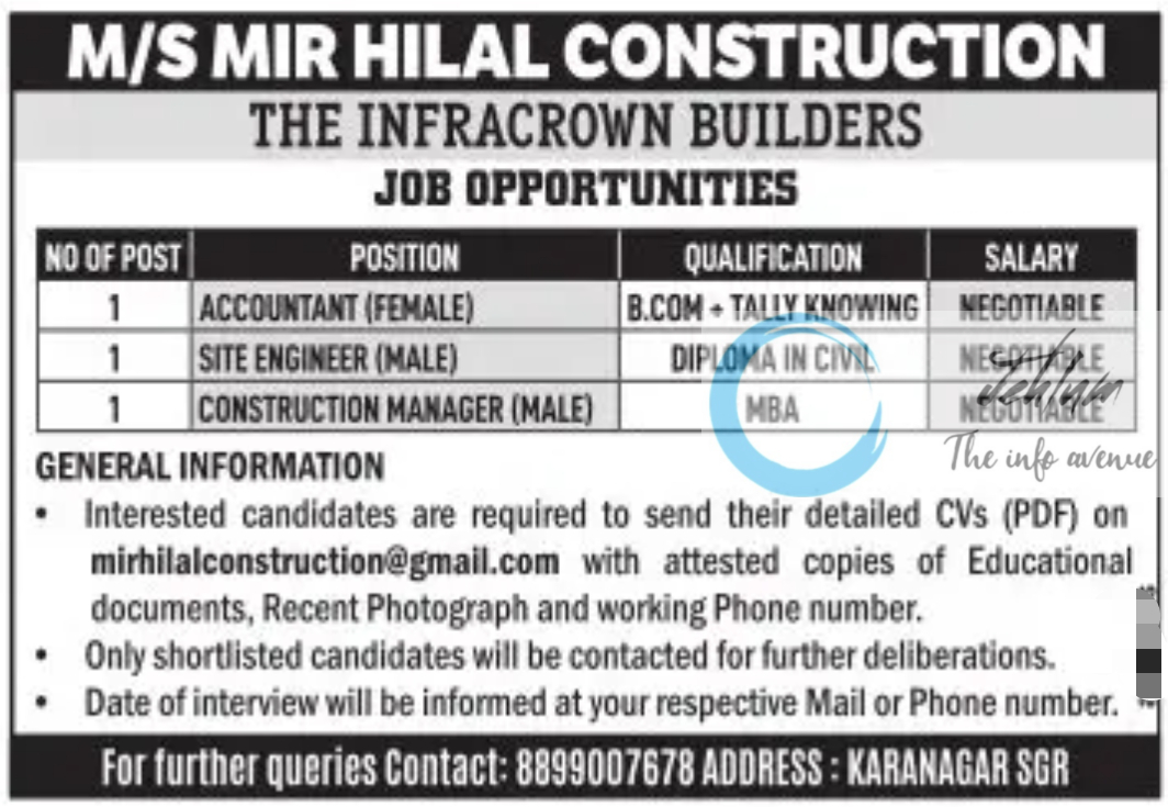M/S MIR HILAL CONSTRUCTION SRINAGAR JOB OPPORTUNITIES 2024