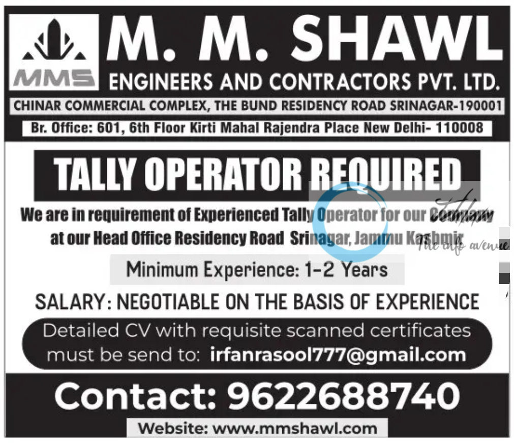 M M SHAWL ENGINEERS AND CONTRACTORS SRINAGAR JOBS 2024